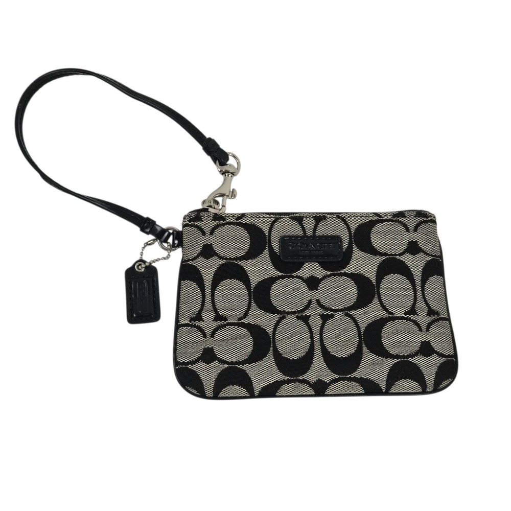 Coach Signature Canvas Top Zip Wristlet Wallet Pouch Black w Charm EUC